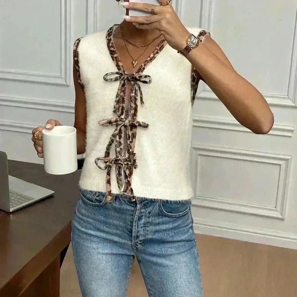 Multicolor Casual Women's Patchwork Leopard Print V-Neck Lace-Up Knitted Vest - Picture 5 of 6